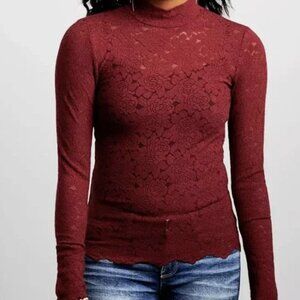 BKE Red Floral Semi Sheer Mesh Knit Fitted Top